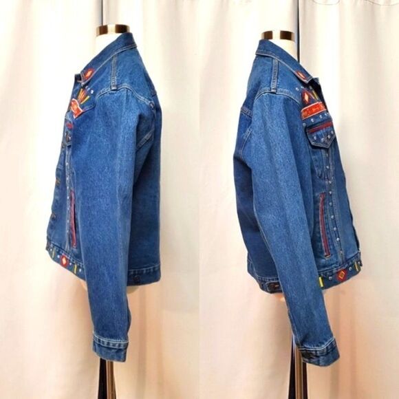 Vintage Gepetto 90s y2k Southwest Aztec Thunderbird Trucker Jean Jacket Lg - Picture 3 of 11